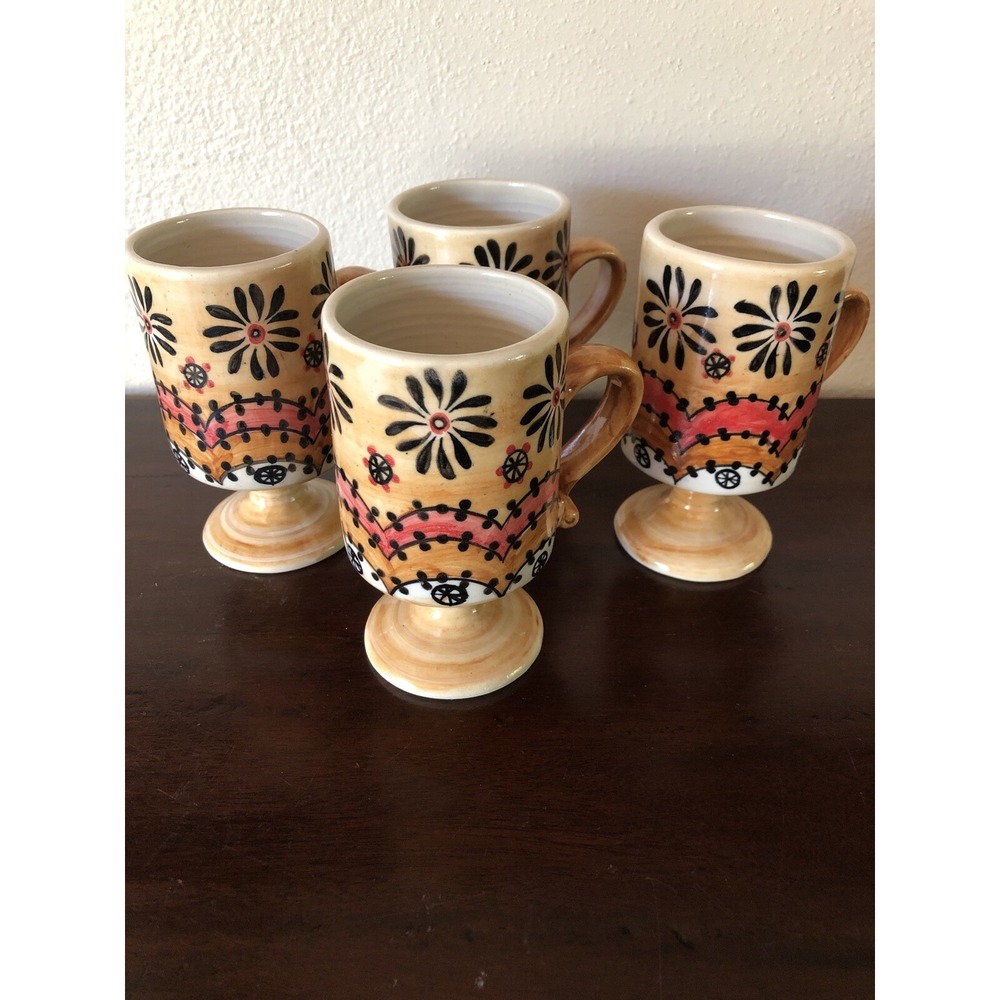 Anthropologie Mugs Cups Footed Folk Art Pottery Hand Painted Boho Discontinued